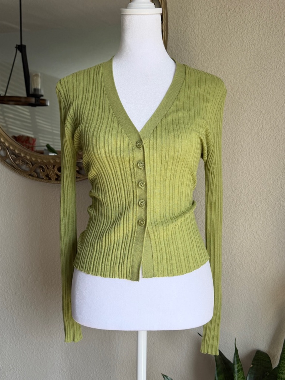 Workshop Republic Clothing Olive-Green Ribbed V-Neck Button Cardigan
